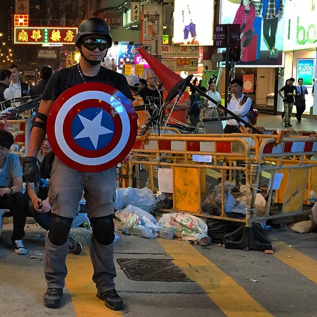#CaptainAmerica is on duty at #OccupyHK #Mongkok tonight, manning the #barricades. #HongKong #hk #hkig