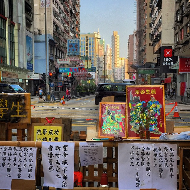 Day 11 of #OccupyHK in #Mongkok - somebody has erected a #shrine complete with #incense / #josssticks on one of the #barricades on #NathanRoad. #HongKong #hk #hkig