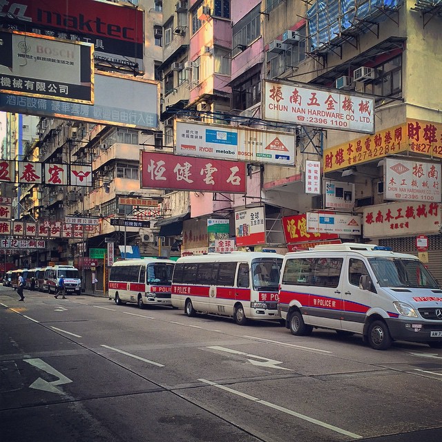 Rows of #police #vans parked on #ReclamationStreet in #Mongkok. Ready to roll in case #OccupyHK gets out of hand. #HongKong #hk #hkig