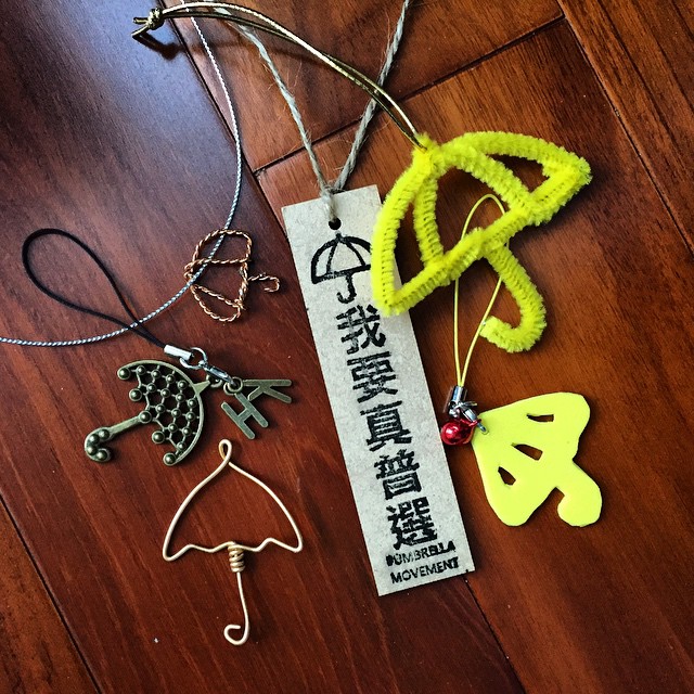 #OccupyHK is a hotbed of #artsncrafts - #cardboard, #pipecleaners, #foam, #wire and #trinkets are all used to #craft #umbrella-like symbols for the #UmbrellaMovement / #UmbrellaRevolution. #HongKong #hk #hkig