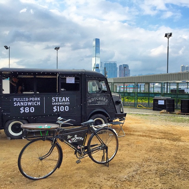 At #DineAndDesign, the #TheButchersClub #FoodTruck with a... #bicycle? on a backdrop of #ICC tower. #HongKong #hk #hkig