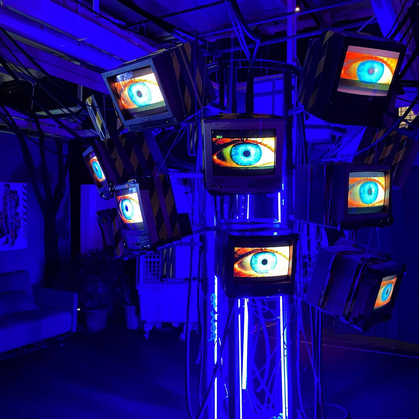 Old crt television screens watch you at an artinstallation at the HeartOfCyberpunk exhibition in ShamShuiPo. hk hkig hongkong cyberpunk